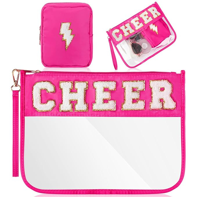 Hillban 2 Pcs Cheer Theme Gifts Cheer Chenille Letter Bags Pink Preppy Patch Makeup Bag Flat Clea... | Amazon (US)