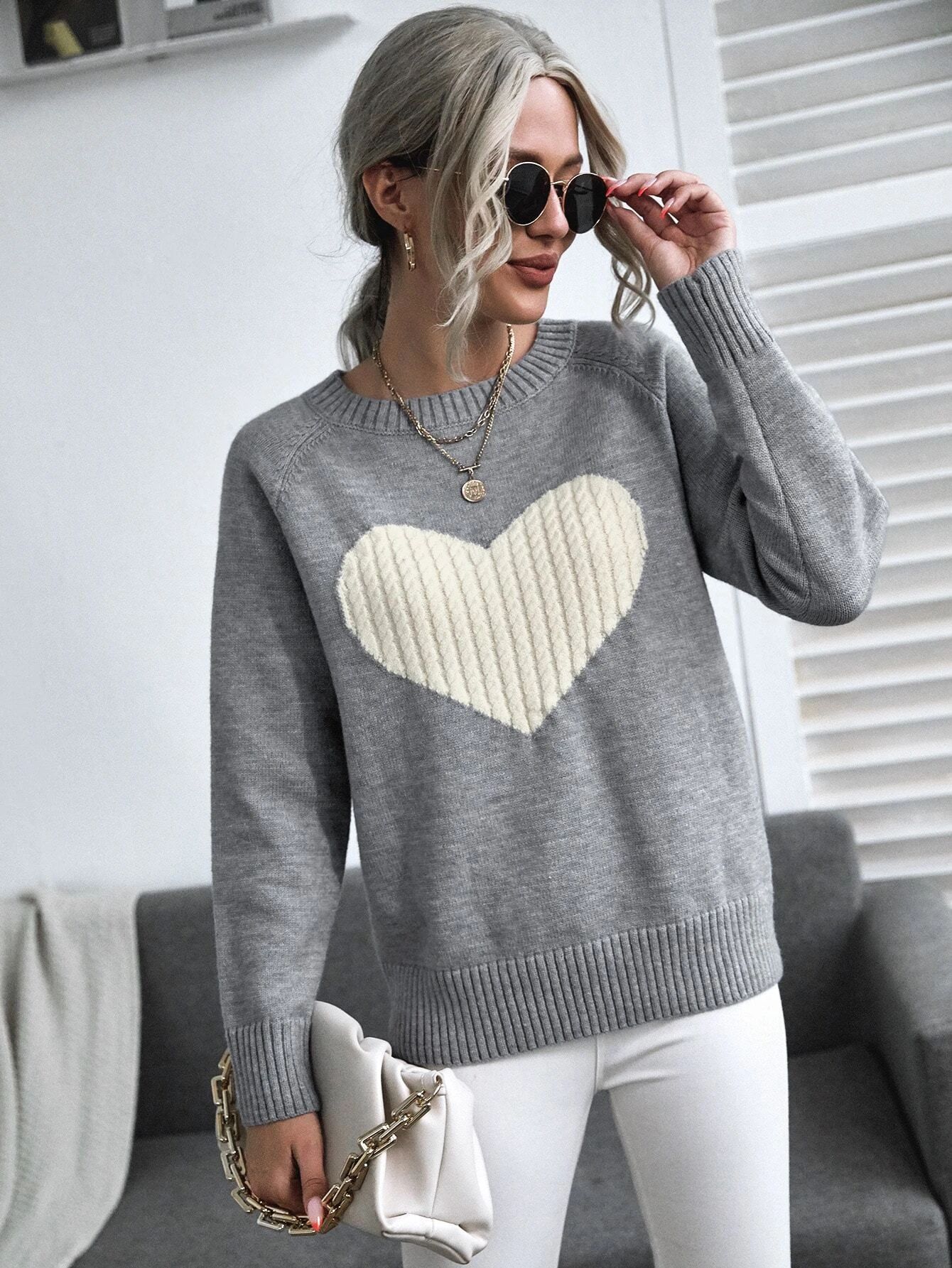 Heart Pattern Raglan Sleeve Sweater | SHEIN