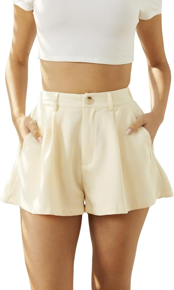 Verdusa Women's Elastic High Waist Pleated Wide Leg Shorts with Pocket | Amazon (US)