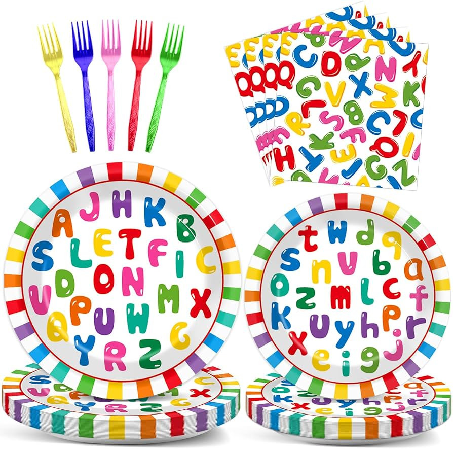 OBUSATT 96 Pcs Educational Paper Plates Alphabet Birthday Paper Plates Learning ABC Tablewear Ear... | Amazon (US)