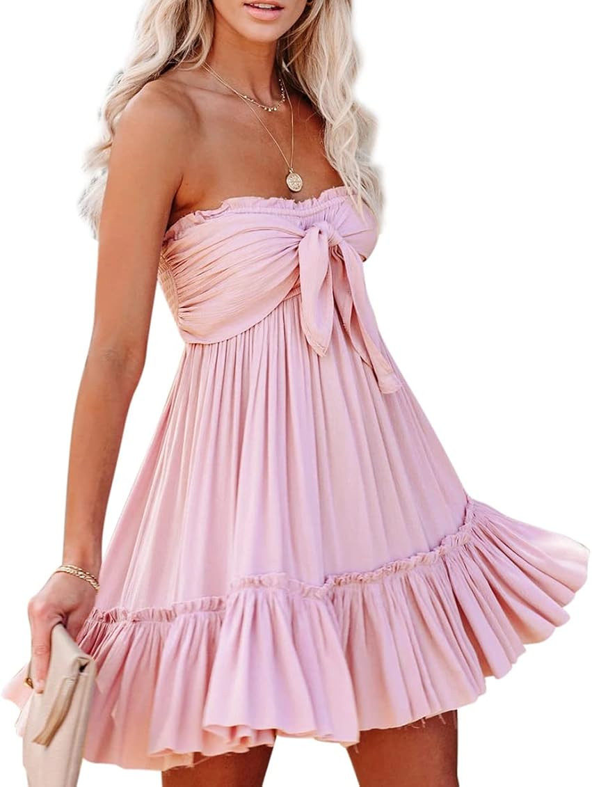 R.Vivimos Women's Summer Cotton Boho Beach Sleeveless Tie Front Mini Dress Tube Top Dress | Amazon (US)