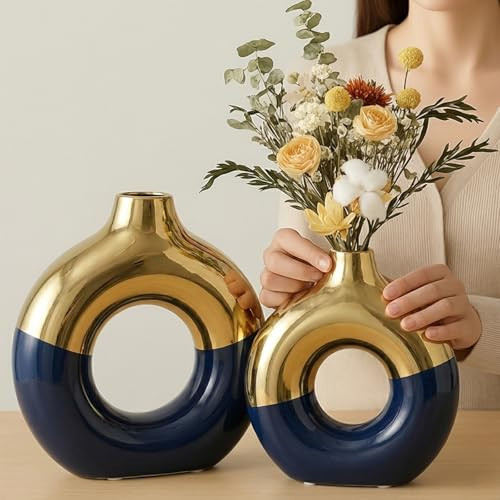 Blue and Gold Vase Decor Donut Vase Set of 2 - Circle Hollow Vases, Modern Matte Ceramic Vases for Entryway Living Room Bedroom Dining Table Centerpiece Office Home Decor | Amazon (US)