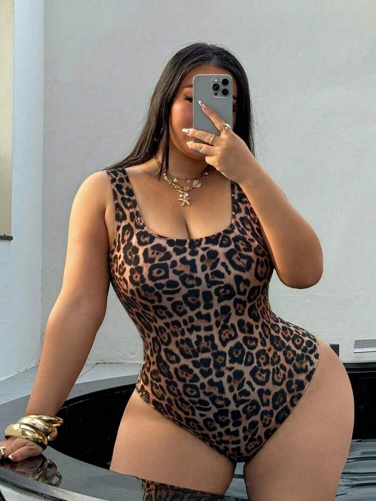 Swim SXY Plus Size One-Piece Swimsuit, Summer Beach Leopard Print Backless Swimwear | SHEIN