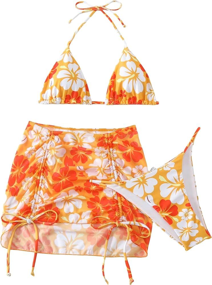 COZYEASE Women's Bikini Sets 3 Piece Floral Print Drawstring Ruched Halter Swimsuit Set Wireless ... | Amazon (US)