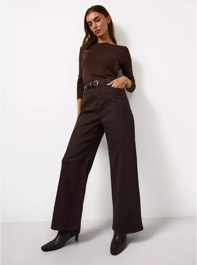 Brown Denim Embellished Wide Leg Jeans  10R | Tu Clothing