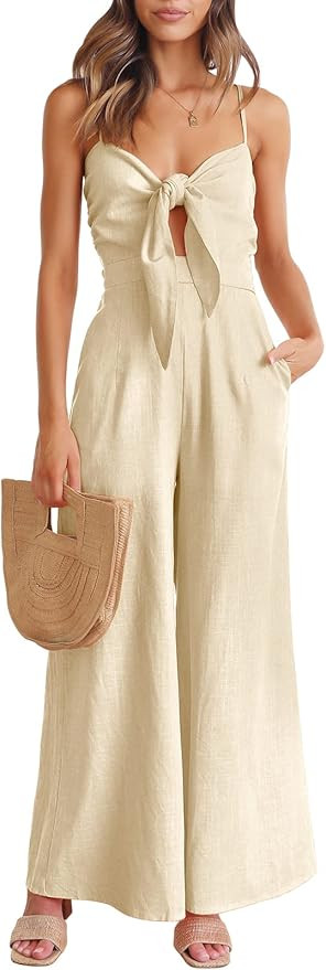 ANRABESS Jumpsuit for Women Casual Summer Beach Vacation Outfits Sleeveless Tie Knot Cutout Linen... | Amazon (US)