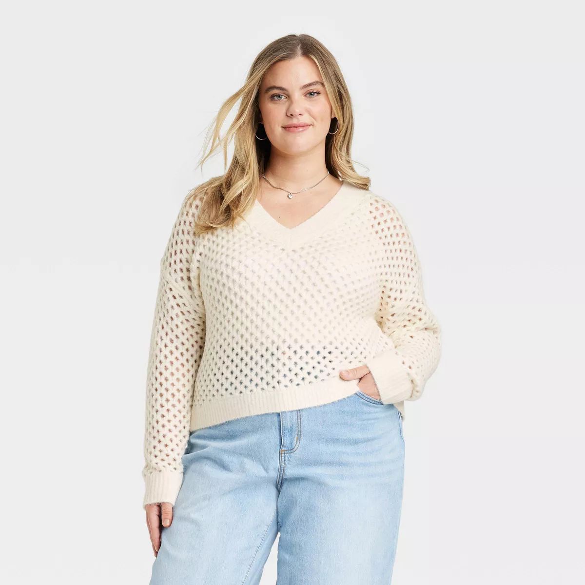 Women's V-Neck Open Work Pullover Sweater - Universal Thread™ | Target