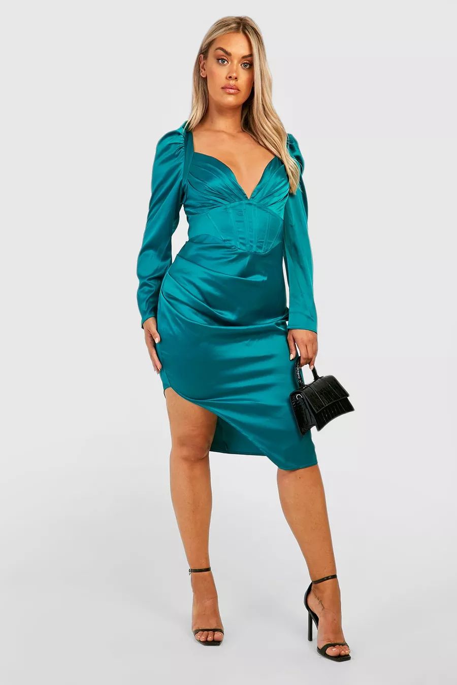 Plus Satin Corset Ruched Midi Dress | Boohoo.com (US & CA)