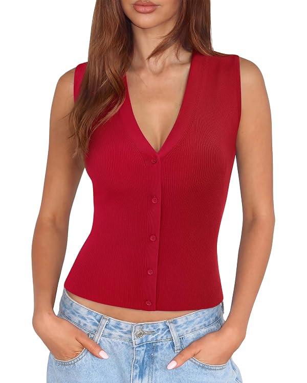 SUUKSESS Women Sleeveless Sweater Tops Summer V Neck Button Down Vest Tops Business Casual Work S... | Amazon (US)