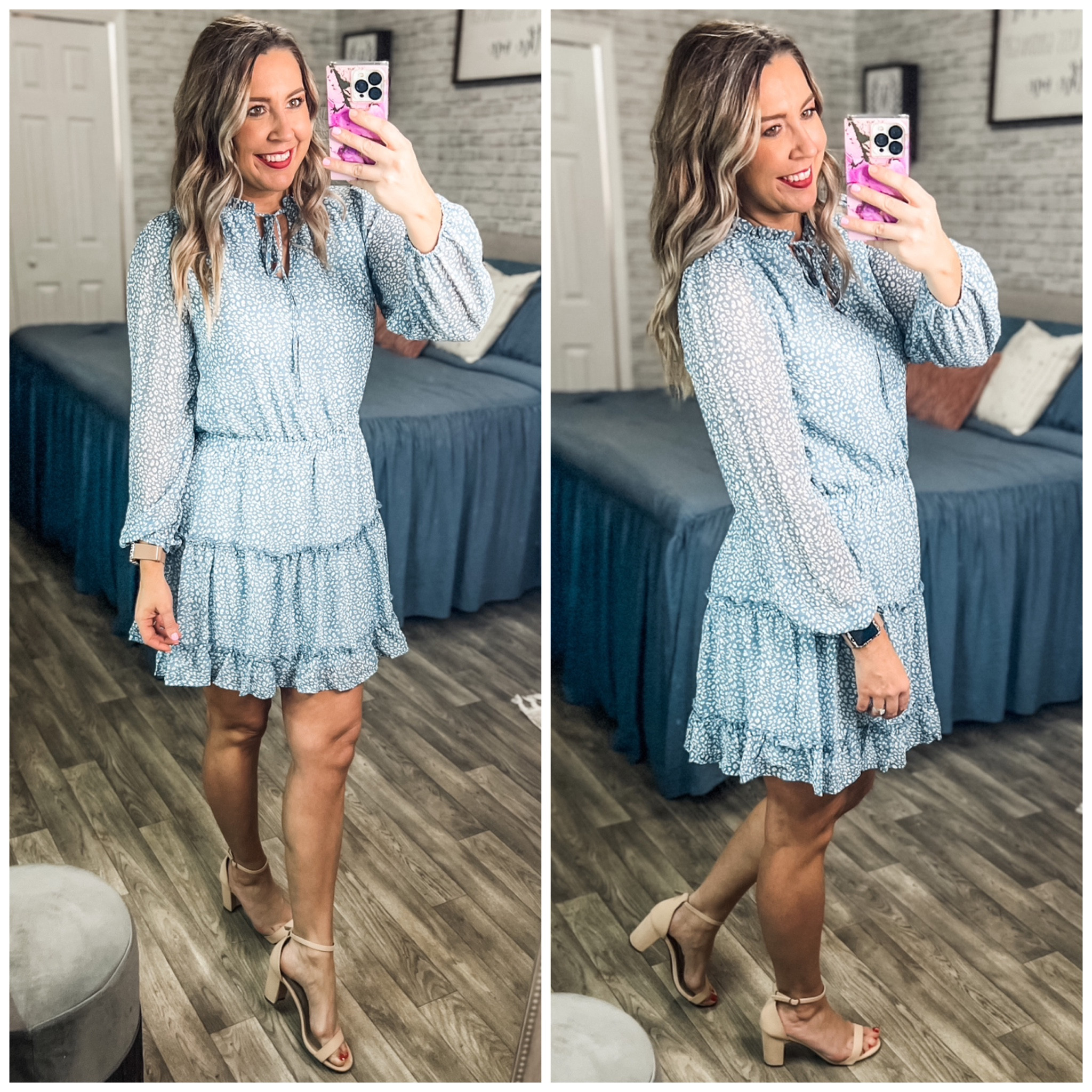 This new dress is modest yet sweet! Now there’s 4 print options. Swiss dots, polka dots, solid color, or leopard. And lots of colors! I find it true to size, but if bigger chested size up because there isn’t any stretch. 