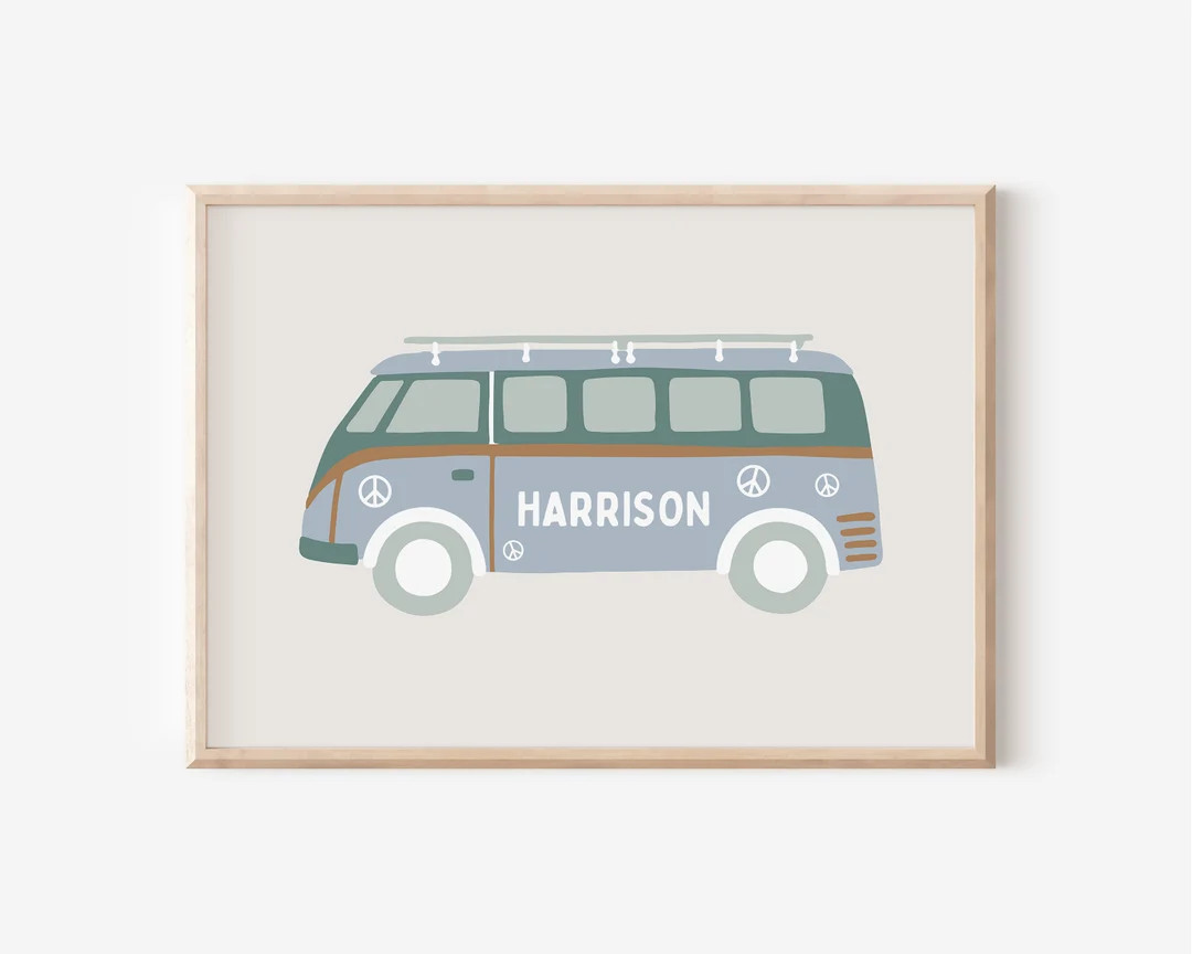 Personalized Name Surfer Van Digital Print, Neutral Sage Wall Art, Neutral Nursery Art, Retro Pea... | Etsy (US)