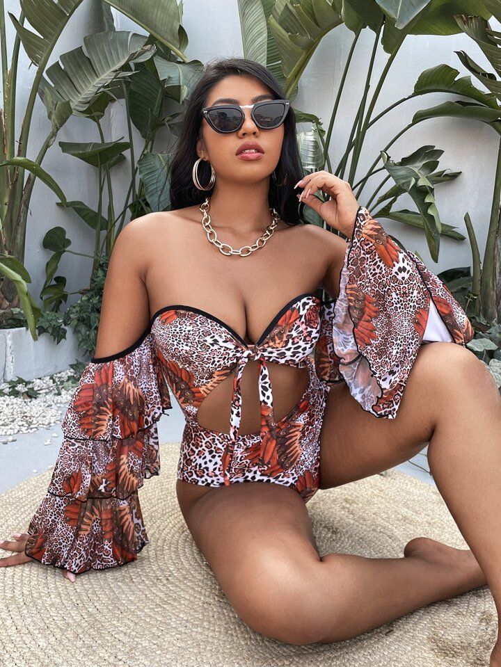 Plus Animal Print Tiered Layer Sleeve One Piece Swimsuit | SHEIN