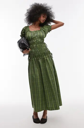 Topshop Plaid Ruched Cotton Maxi Dress in Mid Green at Nordstrom Rack, Size 8 Us (Fits Like 6-8) | Nordstrom Rack