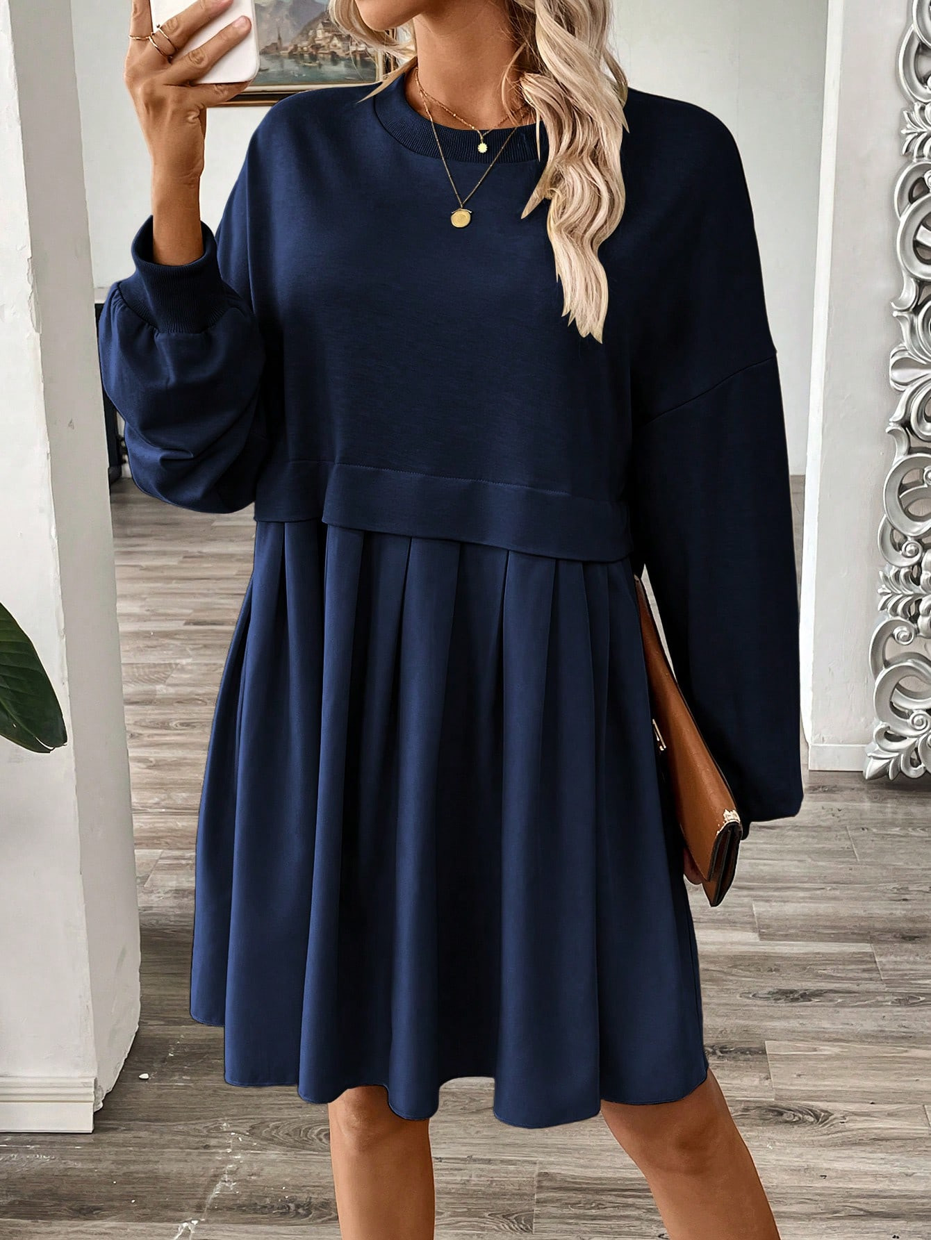 SHEIN Frenchy Women's Lantern Sleeve Pleated Long Sleeve Sweatshirt Dress, Autumn | SHEIN