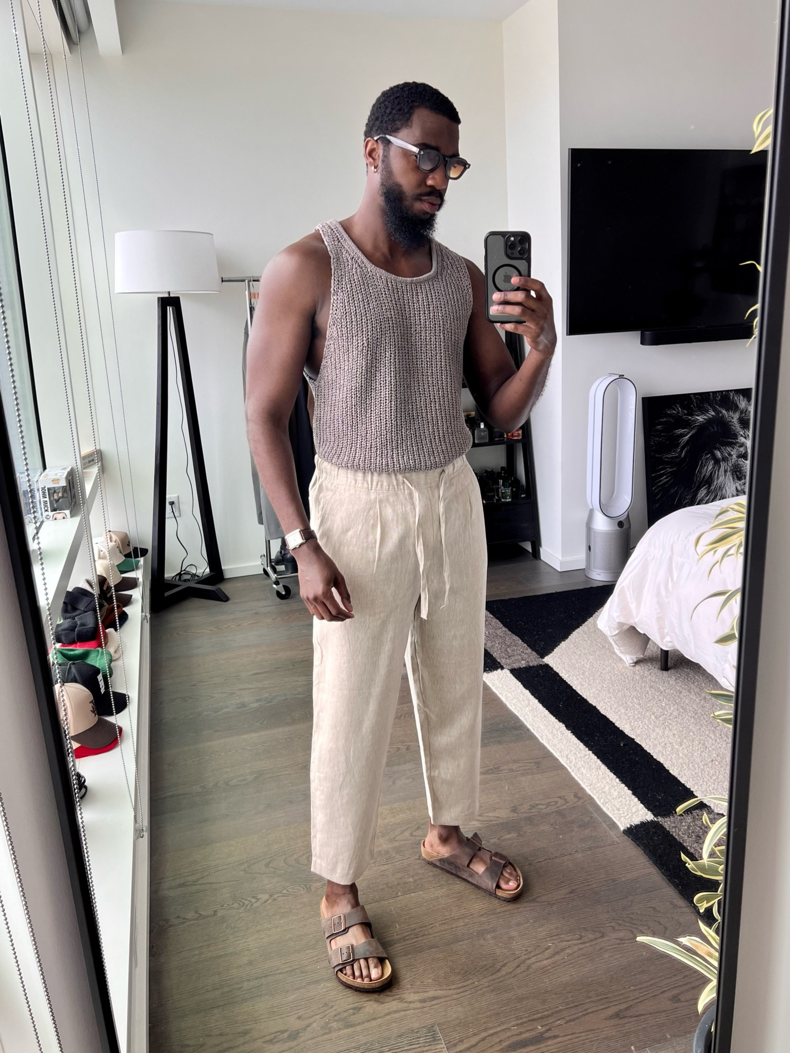 Vacation outfit with a crochet tank, a pair of cropped linen pants and, Birkenstocks. Links to all items down below ⬇️!

#LTKmens