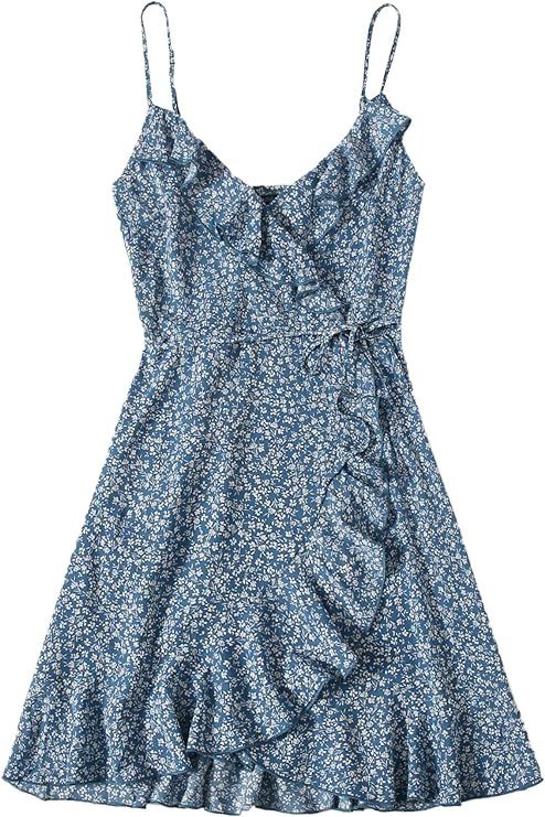 MakeMeChic Women's Summer Ditsy Floral Ruffle Trim Wrap Flowy Short Cami Dress | Amazon (US)