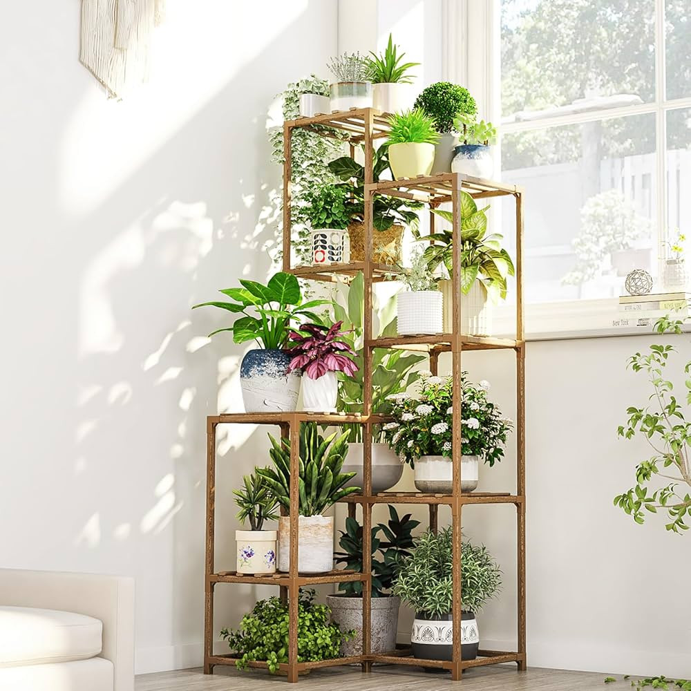 Bamworld Plant Stand Indoor Outdoor Corner Plant Shelf 54.7" Tall Plant Table Wood Large Plant Ho... | Amazon (US)