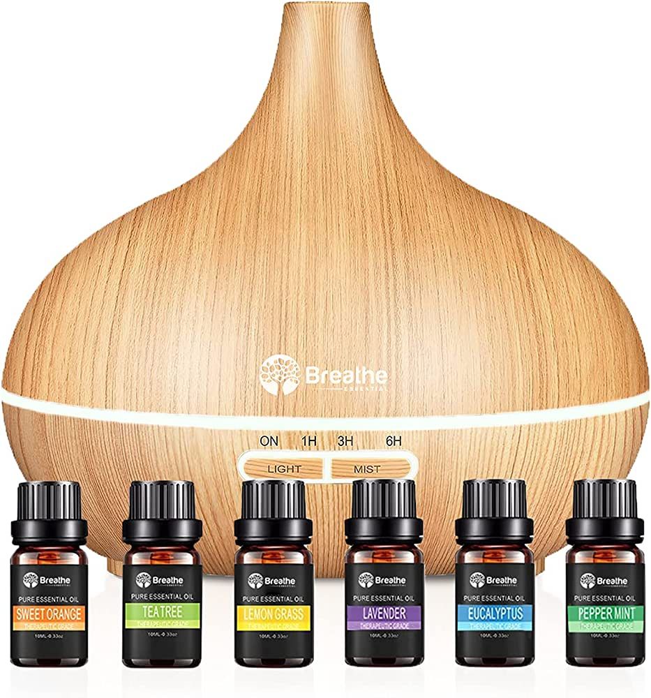 Breathe Essential | 550ml Ultrasonic Diffuser Set with Top 6 Essential Oils - 18 Hour Runtime, 16... | Amazon (US)