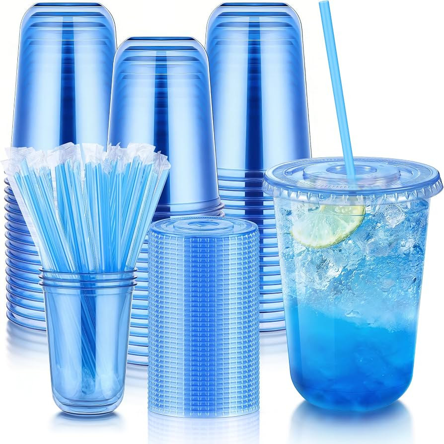 KesaPlan 50 Pack 16 oz Blue Plastic Party Cups with Lids & Straws, Disposable Iced Coffee Cup wit... | Amazon (US)