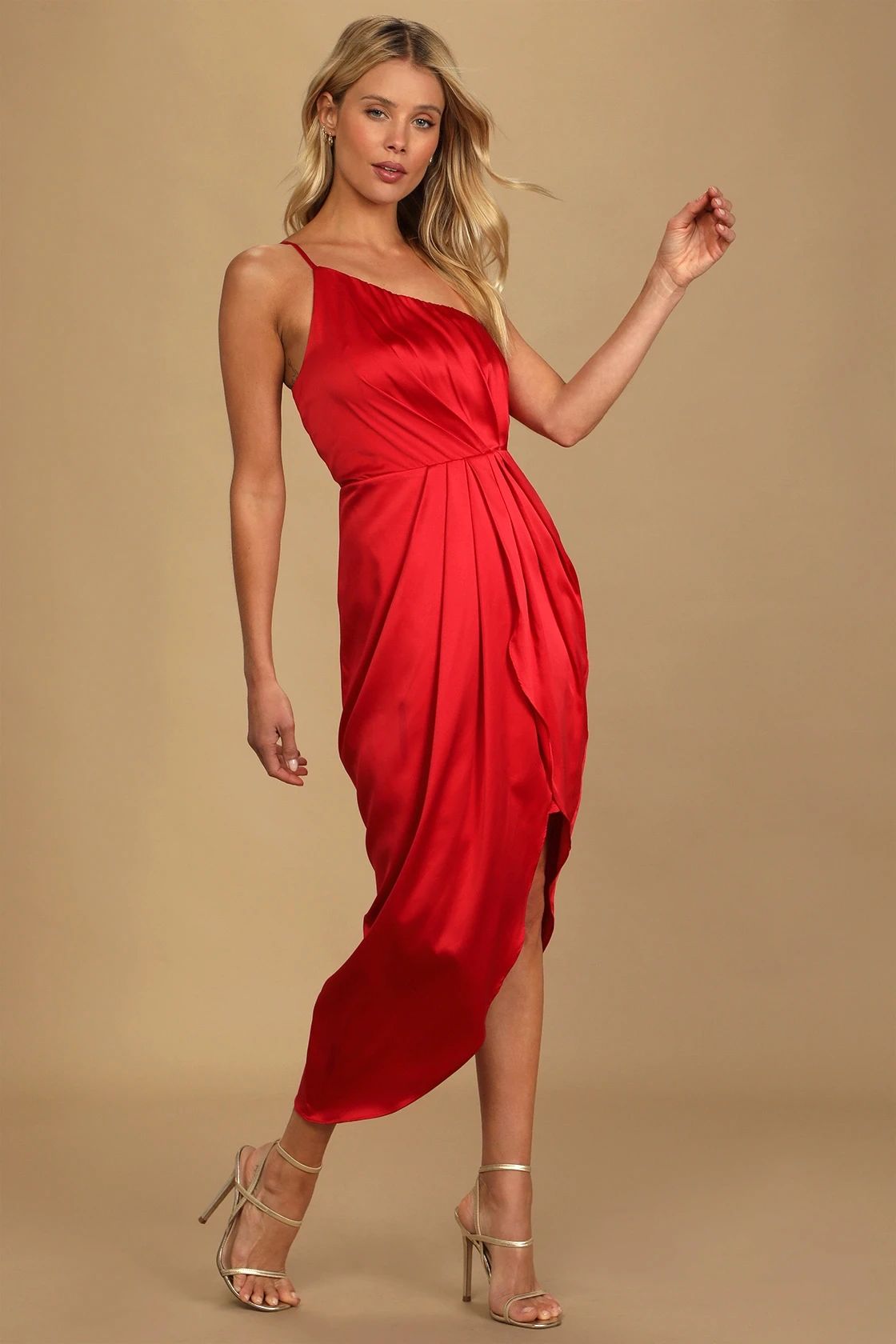 Law of Attraction Red Satin One-Shoulder Asymmetrical Midi Dress | Lulus (US)