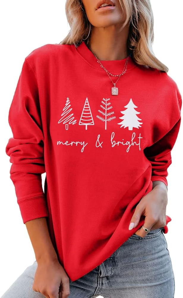 Christmas Trees Sweatshirt Women Merry Bright Graphic Sweatshirts Cute Xmas Gift Long Sleeve Shir... | Amazon (US)