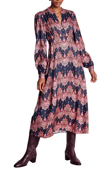 Boden Paisley Long Sleeve Midi Dress in Navy Embellished Paisley at Nordstrom Rack, Size 2 | Nordstrom Rack