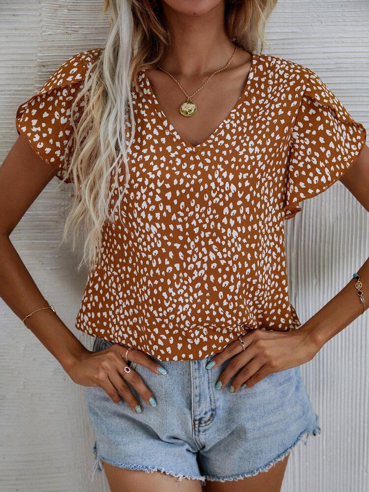 Leopard Petal Sleeve Top | SHEIN