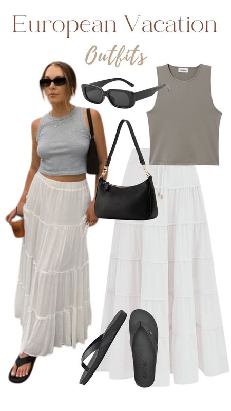 European vacation outfit, vacation outfit, summer outfits, grey tank top, white maxi top, black shoulder bag , rectangular sunglasses , summer outfits, resort wear 

#LTKfindsunder50 #LTKstyletip #LTKitbag