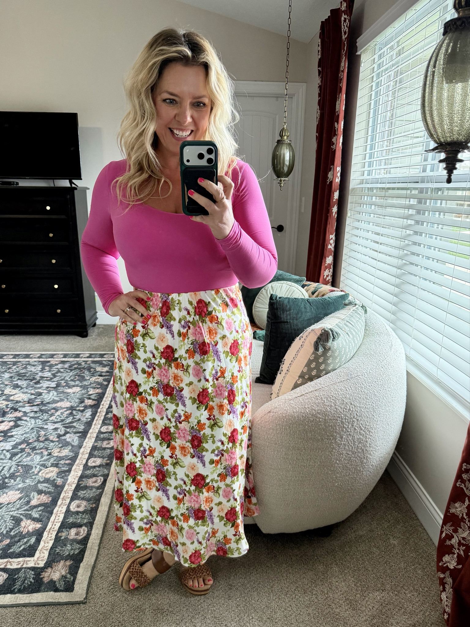 Floral midi skirt is from Amazon & would be darling for Easter! True to size - I’m in my usual lg & paired it with the most comfy wedge sandals by my tried & true brand, Clarks & double lined shirt that feels like Skims - all Amazon! Shirt is also true to size, I’m in my usual lg.

#LTKMidsize #LTKOver40 #LTKPetite