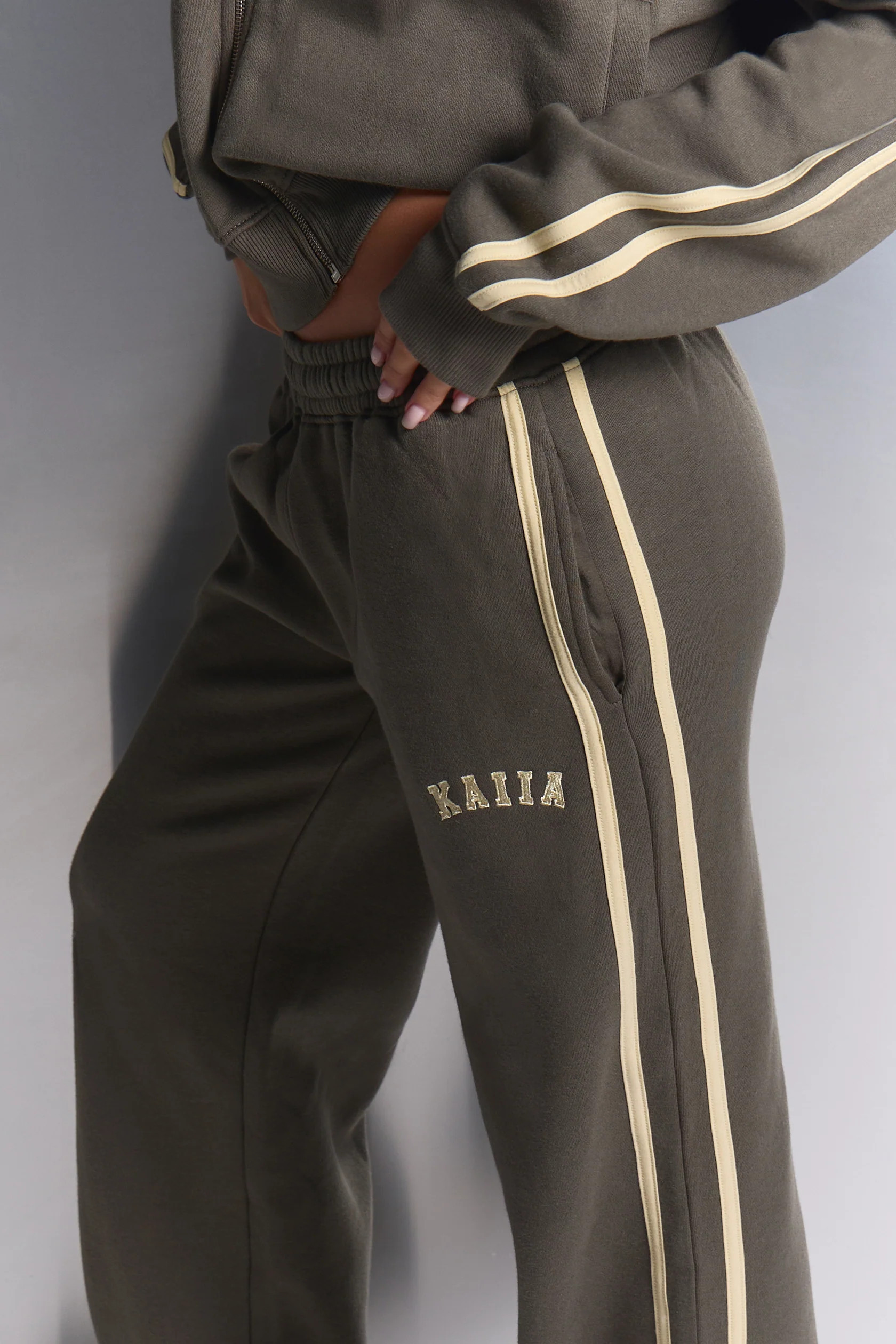 Kaiia Sport Stripe Wide Leg Joggers Smoke Olive & Lemon | Kaiia the Label