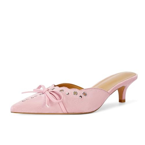 DOEYG Pink Kitten Heels for Women Pointed Toe Heels Dressy Pointy Heeled Mule Heels Bow Studded Vintage Heels Trendy Slip on Stiletto Heels Pumps Size 8.5 | Amazon (US)