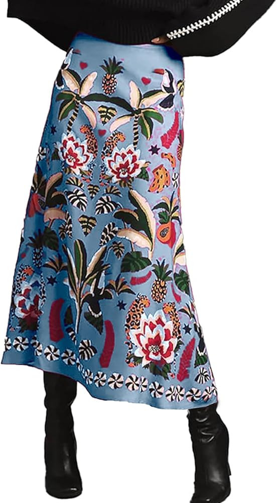 Women's Boho Rose Red Midi Skirt Fun Tropical Plant Print Flowy A Line Summer Skirt | Amazon (US)