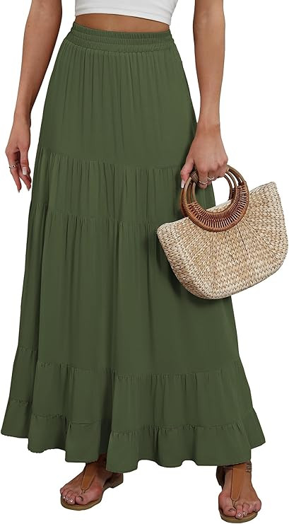 ANRABESS Womens Maxi Skirt Elastic High Waist Swing Tiered A-line Flowy Pleated Boho Beach Vacati... | Amazon (US)