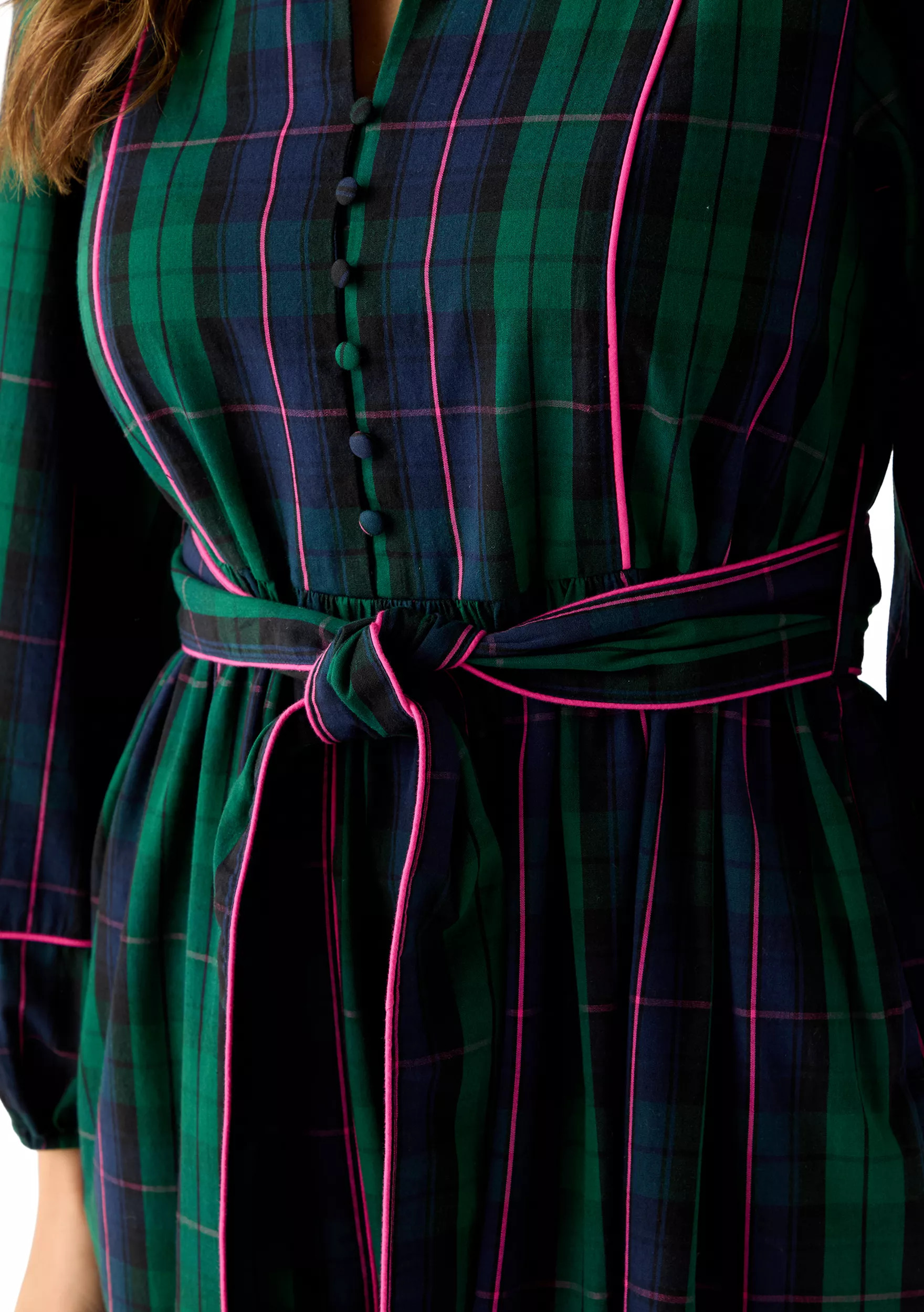 Women's Blouson Sleeve Plaid Midi Dress with Self Belt | Belk