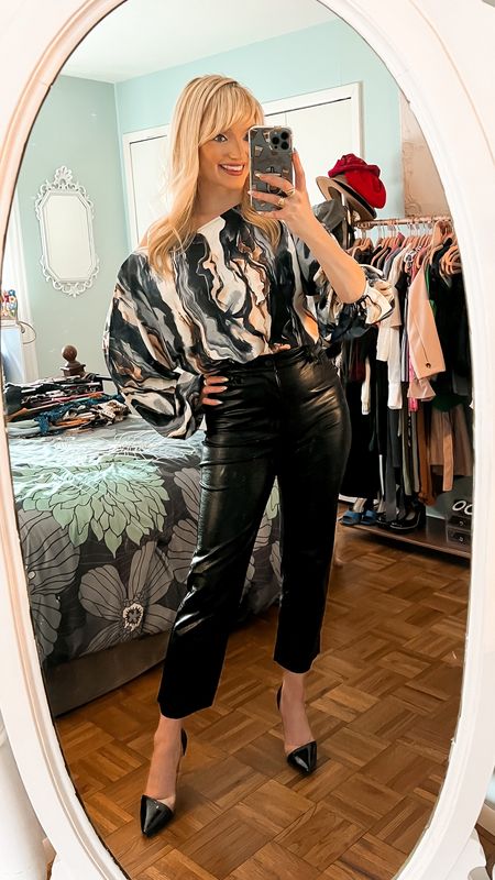 Marble print off the shoulder top from Amazon Fashion - faux leather high waisted ankle pants from Express - black clear heels - spring date night outfit - spring happy hour outfit - spring girls night out outfit - Amazon finds 

#LTKSeasonal #LTKunder50 #LTKstyletip