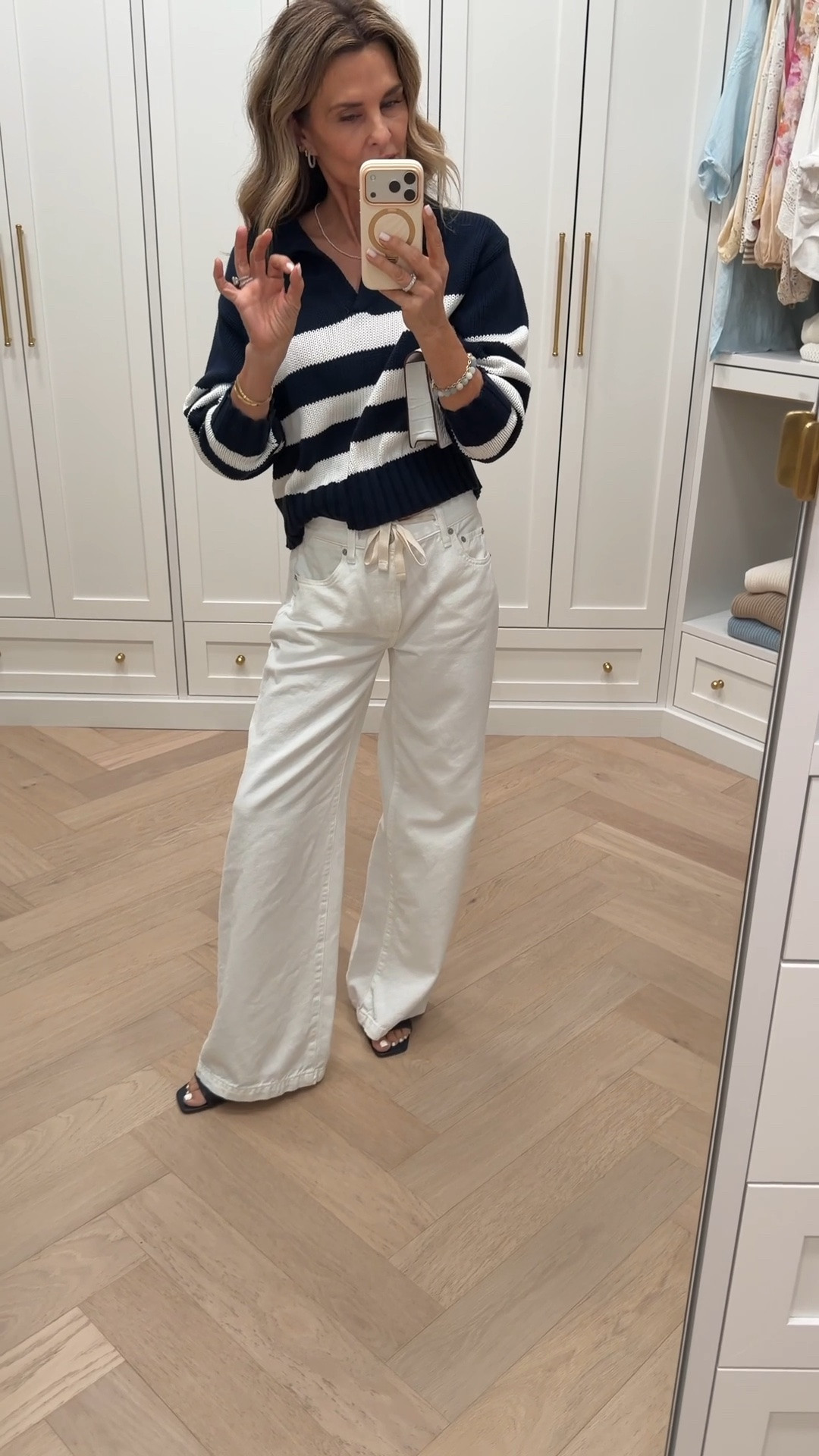 I’m 5’6”
-lightweight denim pants Wearing true size.  I washed in warm and dryer to shrink a small amount. 
-quince sweater is a favorite sz S 
-Sheer heels TTS

@Pistola Denim 
@Quince

#LTKootd