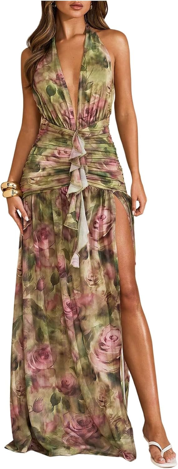 SHENHE Women's Sexy Halter Deep V Maxi Dress Open Back High Slit Ruched Ruffle Party Cocktail Dress | Amazon (US)