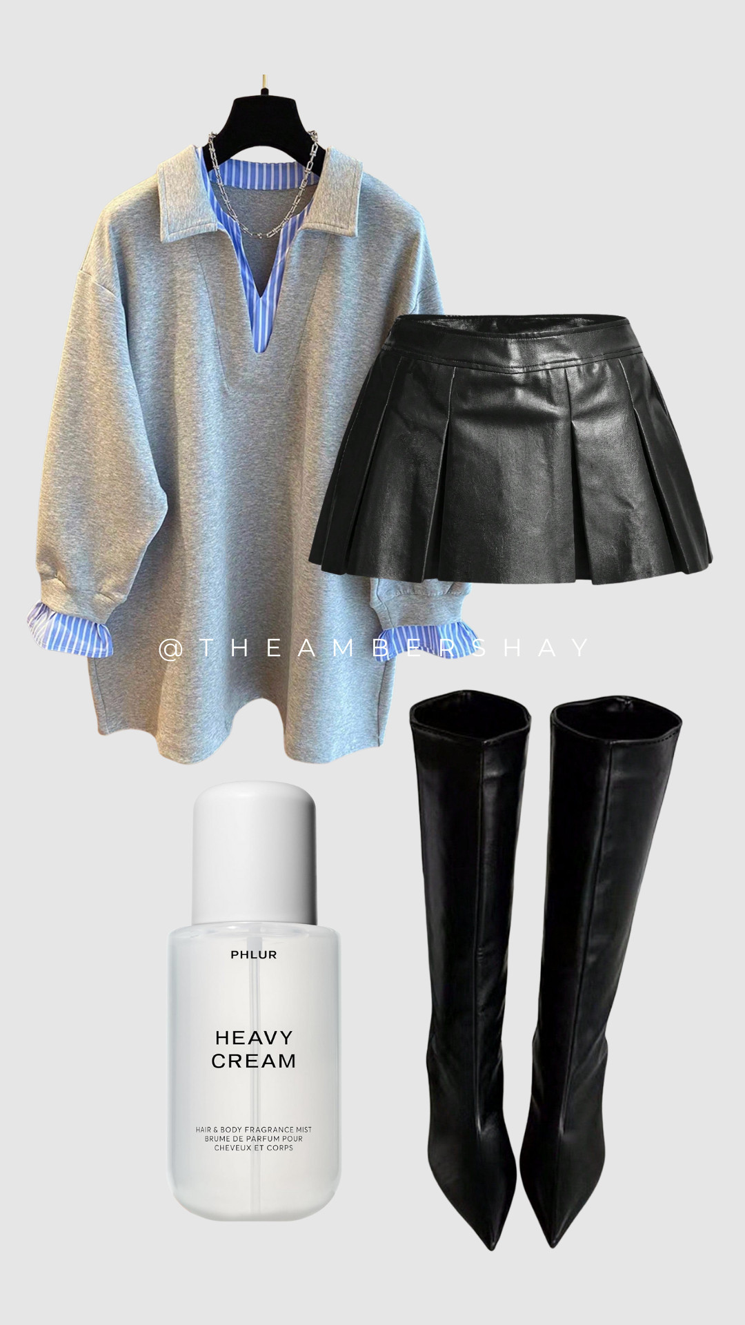 ✨Preppy meets edgy✨ This Shein fall outfit is giving effortless chic — a gray oversized sweatshirt layered over a blue striped collar shirt, paired with a black faux leather pleated skirt and knee-high boots. I finished the look with my favorite PHLUR Heavy Cream body mist for that cozy vibe. Perfect for brunch, casual days on campus, or a city weekend look! 💙🖤

Shop the look on LTK 🔗
#SheinFinds #FallOutfitIdeas #PreppyStyle #LeatherSkirt #OverTheKneeBoots #SheinOutfit #OOTD #FallFashion2025 #PreppyChic #LTKfashion #LTKfall #LTKstyle #StreetStyle #CasualChic #LayeredLook #SheinStyle #AffordableFashion #PHLUR #HeavyCream #NeutralAesthetic 

 #LTKCyberWeek #LTKStyleTip #LTKShoeCrush