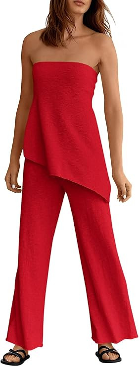 Tankaneo Womens 2 Piece Outfits Asymmetrical Tube Top Wide Leg Pants Knit Vacation Travel 2025 Ma... | Amazon (US)