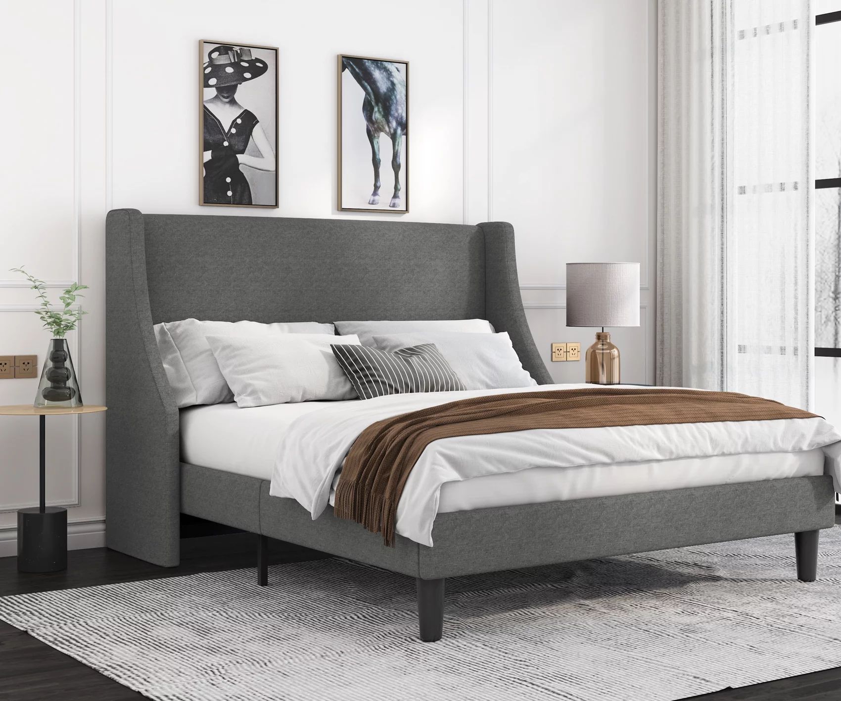 Allewie Full Size Fabric Upholstered Platform Bed Frame with Wingback Headboard, Light Grey - Wal... | Walmart (US)