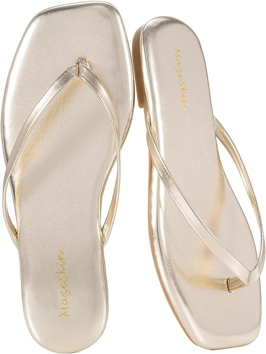 mazeskin Womens Flip Flops Vegan Leather Memory Foam Square Toe Flat Sandals Summer Beach Slides | Amazon (US)