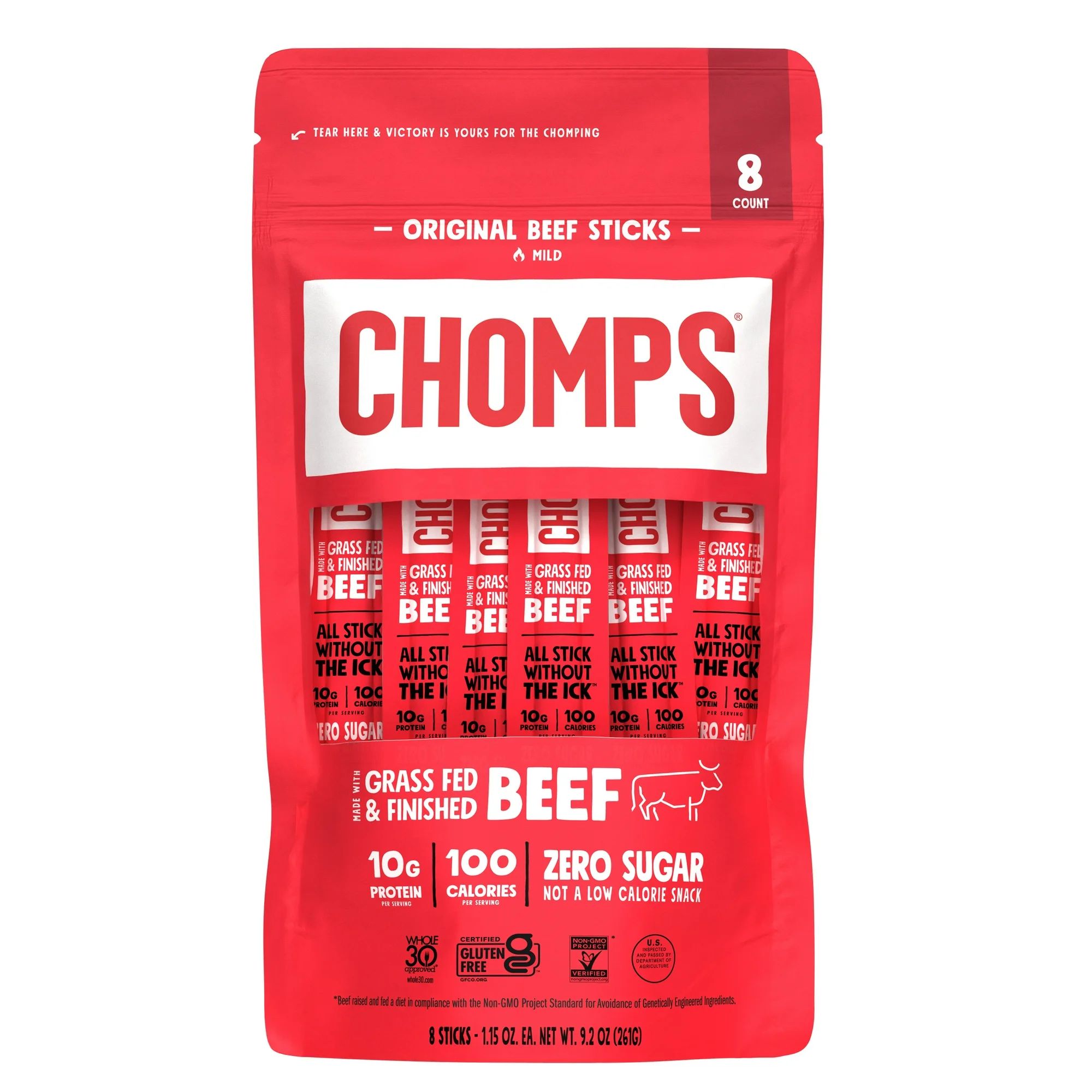 Chomps Grass-Fed and Finished Original Beef Jerky Meat Snack 8 Pack, 1.15oz Sticks | Walmart (US)