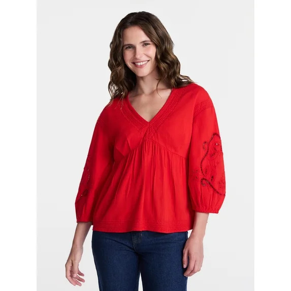 Time and Tru Women's Long Sleeve Poet Sleeve Broderie Anglaise Top, Sizes XS-XXXL | Walmart (US)