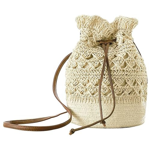Donalworld Lady Korean Woven Bucket Bag Drawstring Hobo Small Straw Shoulder Bag | Amazon (US)