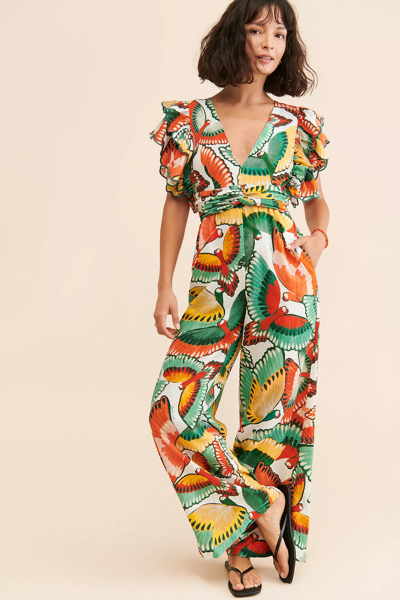 FARM Rio Ruffle-Sleeve Printed Jumpsuit Secondhand | Anthropologie (US)