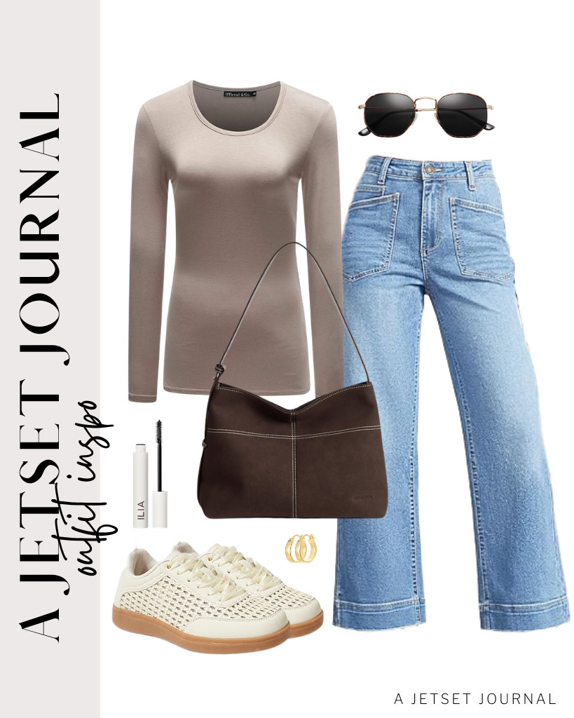 This apricot long-sleeve top from OThread & Co. plus Cicy Bell jeans is also a great combination. For this fit, you can step into these LUCKY STEP fashion tennis shoes and carry a BOSTANTEN shoulder handbag. These SOJOS polarized sunnies are perfect for this look. 

 #LTKSeasonal #LTKSaleAlert #LTKTravel