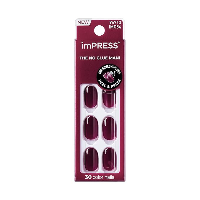 imPRESS Color Press On Nails, ‘Over You', Solid Burgundy, Short Oval, PureFit Technology, Paten... | Amazon (US)