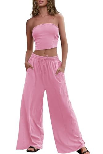 Panadila Womens Summer Lounge Sets 2 Piece Outfits Tube Top and Wide Leg Pants Matching Set Beach Vacation Clothes (Pink,XS) | Amazon (US)