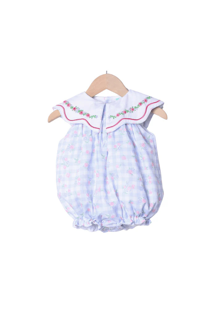 Embroidered Blue Gingham Floral Bubble | The Smocked Flamingo