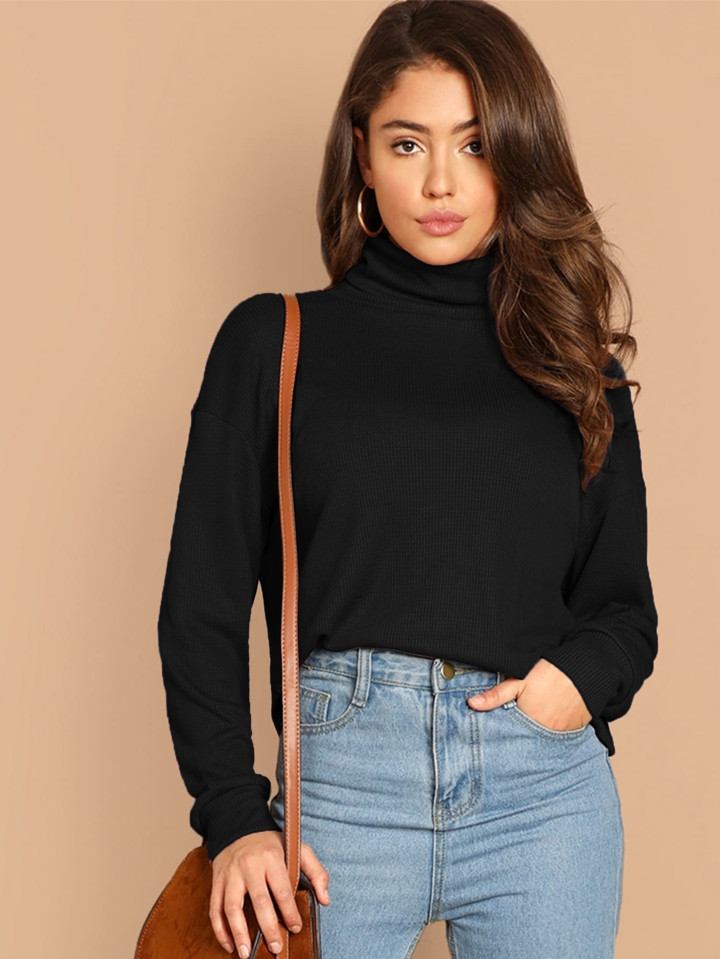 SHEIN Essnce Solid Turtleneck Waffle Knit Pullover | SHEIN
